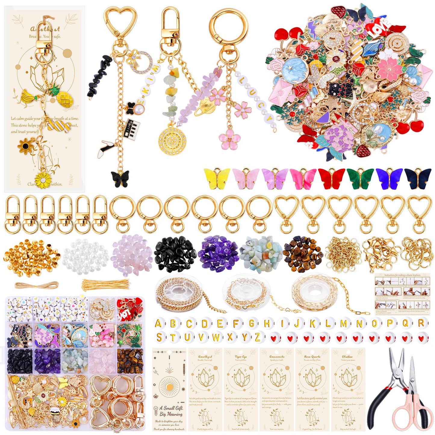TOHONGADON 907 Pcs Lip Gloss Charms, Keychain Making Kit, Bag Charm Kit with 5 Kinds of Crystal Stones, 343 Charms, 24 Keychain Clips, Key Ring Jewelry Plier, Extender Chain for DIY Crafting
