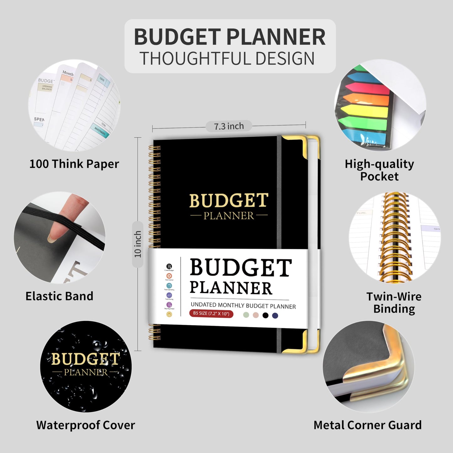 Budget Planner - Monthly Budget Book B5, Undated 12 Month Expense Tracker Notebook with Metal Corner Protectors & Bill Organizer, Hard Cover Financial Account Book for Women Men Home Business, Black