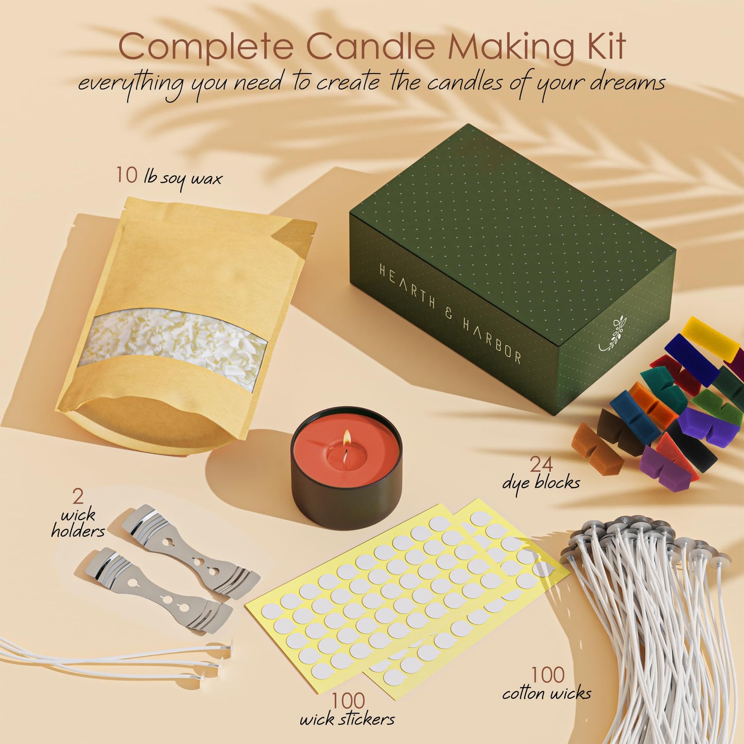 Hearth & Harbor Natural Soy Wax and DIY Candle Making Supplies - 10 Lbs Soy Candle Wax Flakes, 24 Candle Wax Dye Blocks, 100 Cotton Wicks, and 2 Metal Centering Device