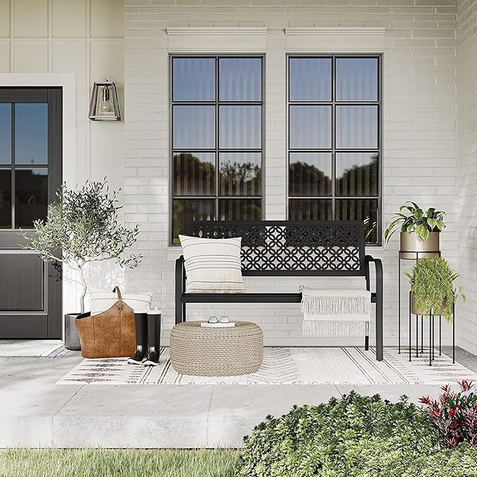 Grand patio 50" Outdoor Bench, Garden Benches with Anti-Rust Metal Powder Coated Frame, Patio Bench for Front Porch Park Outside Furniture Decor, Black