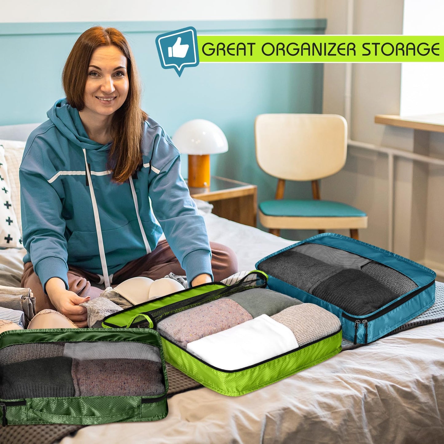 Bulyoou 5 Pcs Packing Cubes for Suitcase Large Travel Cubes Carry on Luggage Organizer Bags for Clothes Accessories(S,Green)