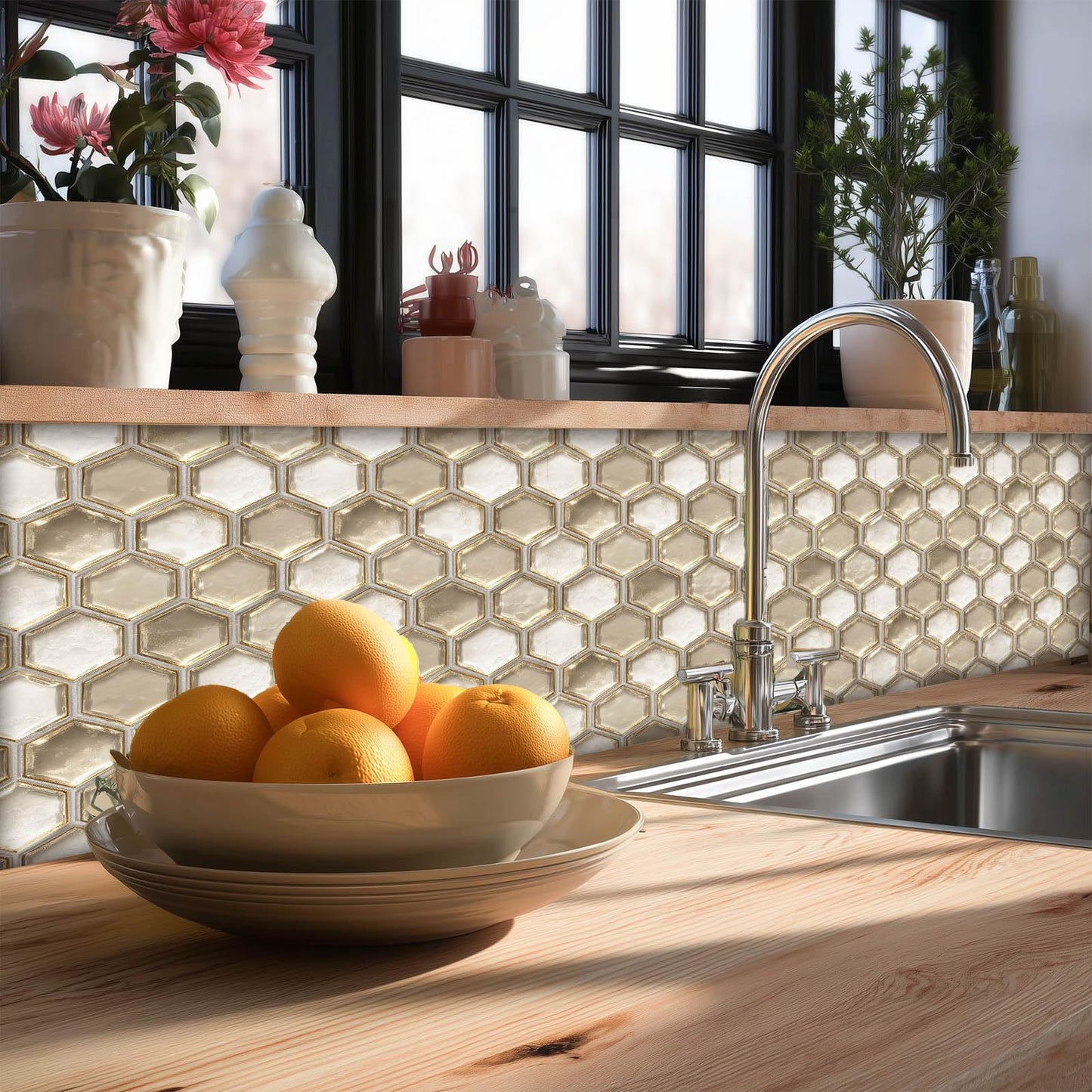 HOMETITUTE 20Pcs Hexagon Gold Glass Look Tile Stickers Peel and Stick Decorative Tiles Waterproof Removable Sticker Tiles Backsplash Decals for Kitchen Bathroom Fireplace Wall Covering 4x4 Inch not 3D