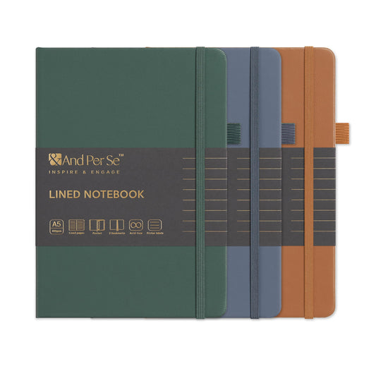 &And Per Se Lined Notebooks 3-Pack Gift Set, A5 Hardcover Journals, 160 Pages 100gsm Thick Paper, 3 Assorted Colors (Brown, Blue, Green) – Gift for Men