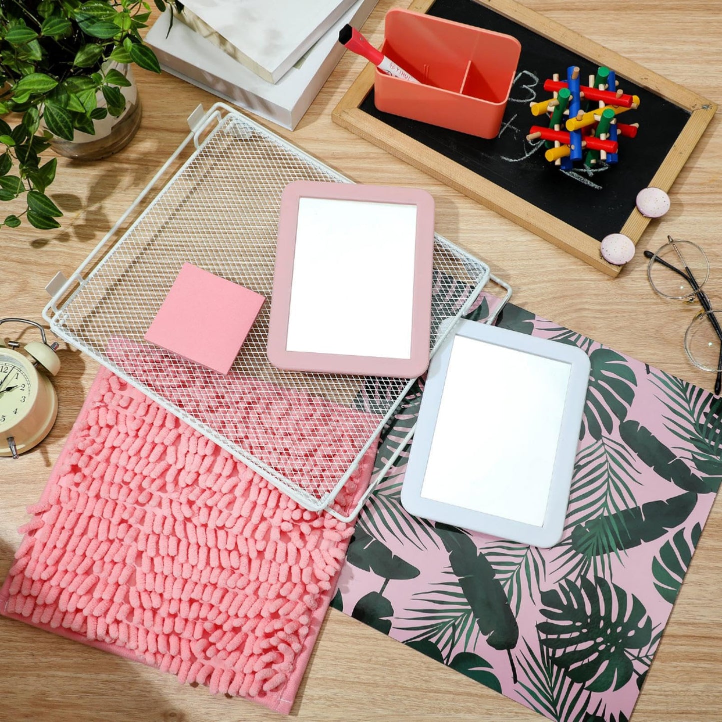 Colarr 17 Pcs Locker Organizer and Decorating Kit Back to School Essentials Include Magnetic Locker Wallpaper Locker Shelf Pencil Holder with Marker Mirror Rug Sticky Note (Light Pink,Leaves Style)