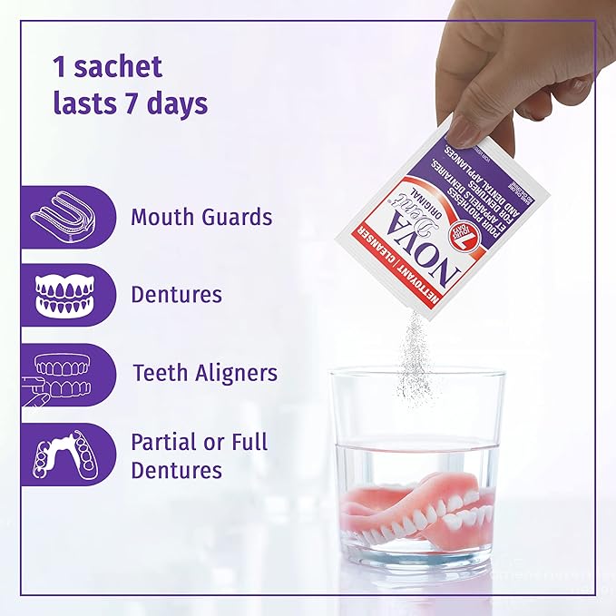 Novadent Dentures Cleaner – for Dental Appliances, Retainers, Trays, Mouth Guards, Teeth Aligners - 3 Months (12 sachets)