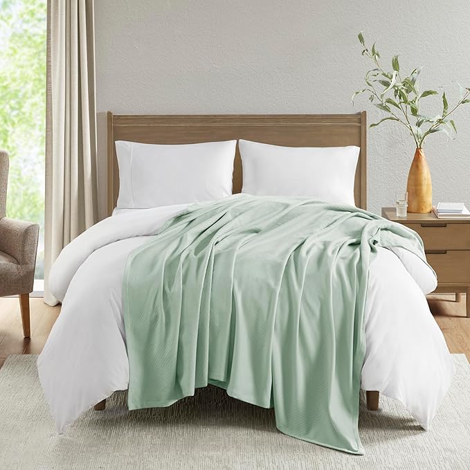 Madison Park Liquid Cotton Luxury Blanket Premium Soft Cozy 100% Ring Spun Cotton For Bed , Couch or Sofa, Full/Queen, Sea Foam