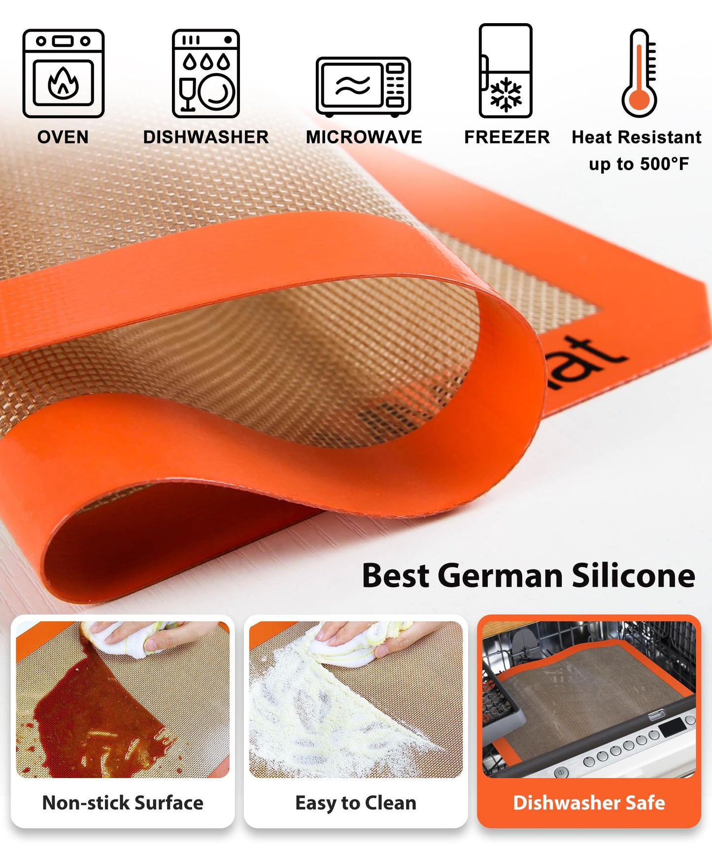 MMmat Silicone Baking Mats - Best German Silicone, Non Slip Baking Sheet, Non Stick Reusable Silicone Mats For Baking, Food Grade Oven Liner, Counter Mat, Set of 6