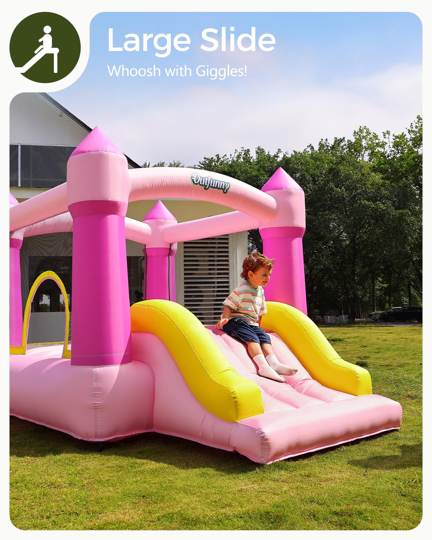 Outfunny Indoor Bounce House with Slide, Inflatable Bouncy House for Kids 3-8, Bounce Area 6'x6', Capacity 300 lb - Pink