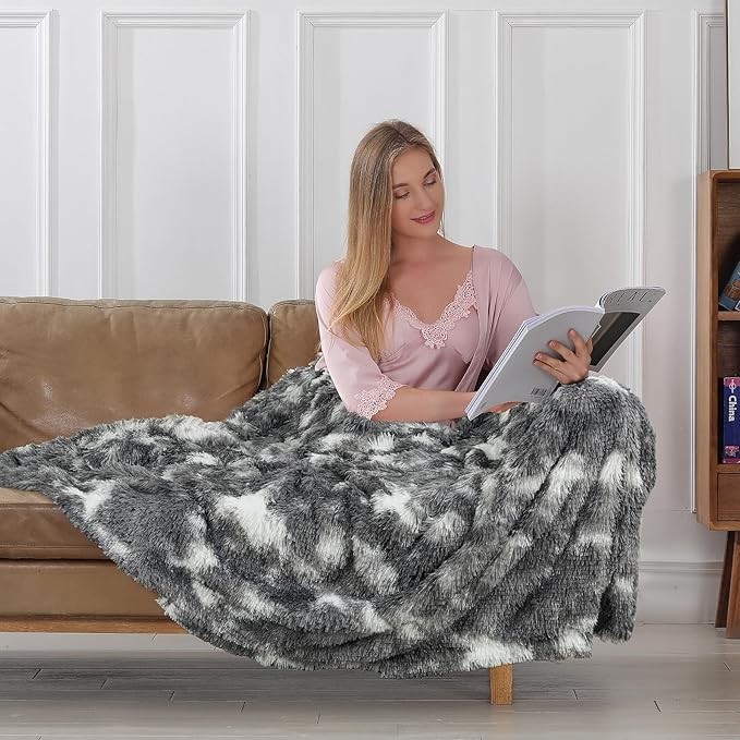 Tuddrom Decorative Extra Soft Faux Fur Blanket Twin Size 70" x 78",Solid Reversible Fuzzy Fluffy Cozy Plush Fleece Comfy Microfiber Blanket for Couch Sofa Bed,Tie Dye Grey