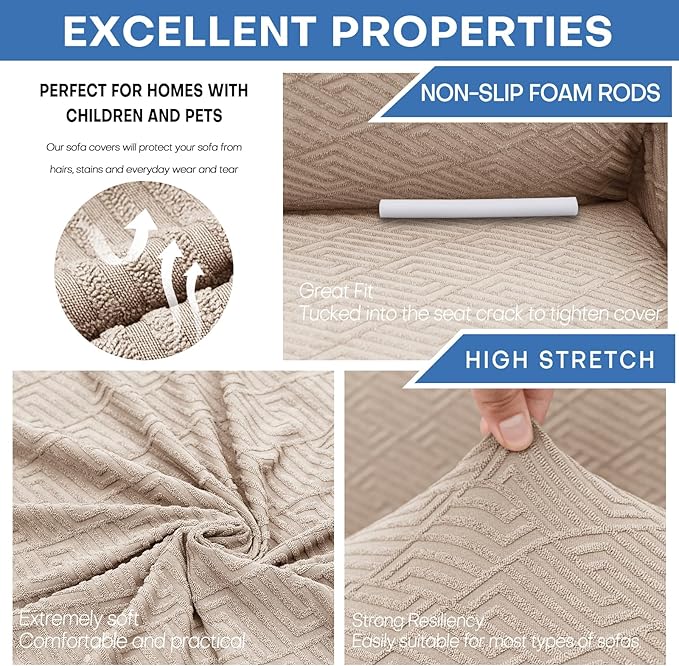 XINEAGE 2026 New Extra Large Couch Cover for 3 Cushion Couch (91"-110") 1 Piece Stretch Oversized Sofa Slipcovers Jacquard 4 Seater Furniture Protector Elastic Bottom for Kids,Pet (XL Sofa, Khaki)