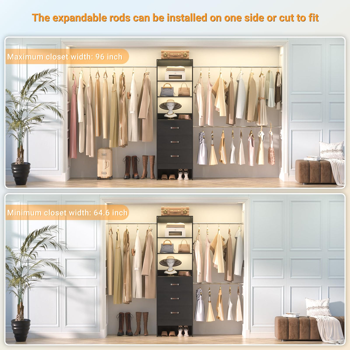 96'' Closet Organizer System with 3 Hanging Rods