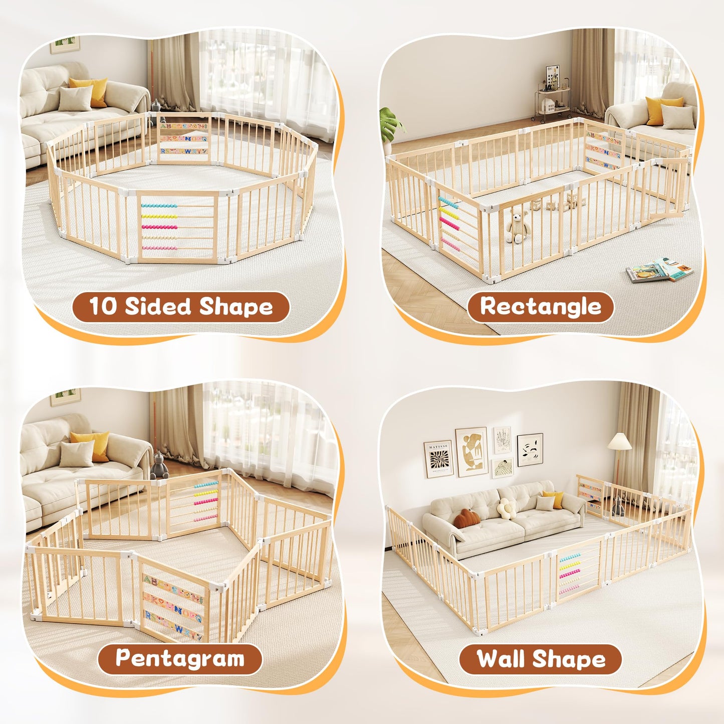 COCO DESIGN Baby Wooden Playpen, 10 Panel Foldable Play Yard with Door Panel and Built-in Toys, Adjustable Size & Shape Portable Play Yard for Babies and Toddlers (10 Panels)