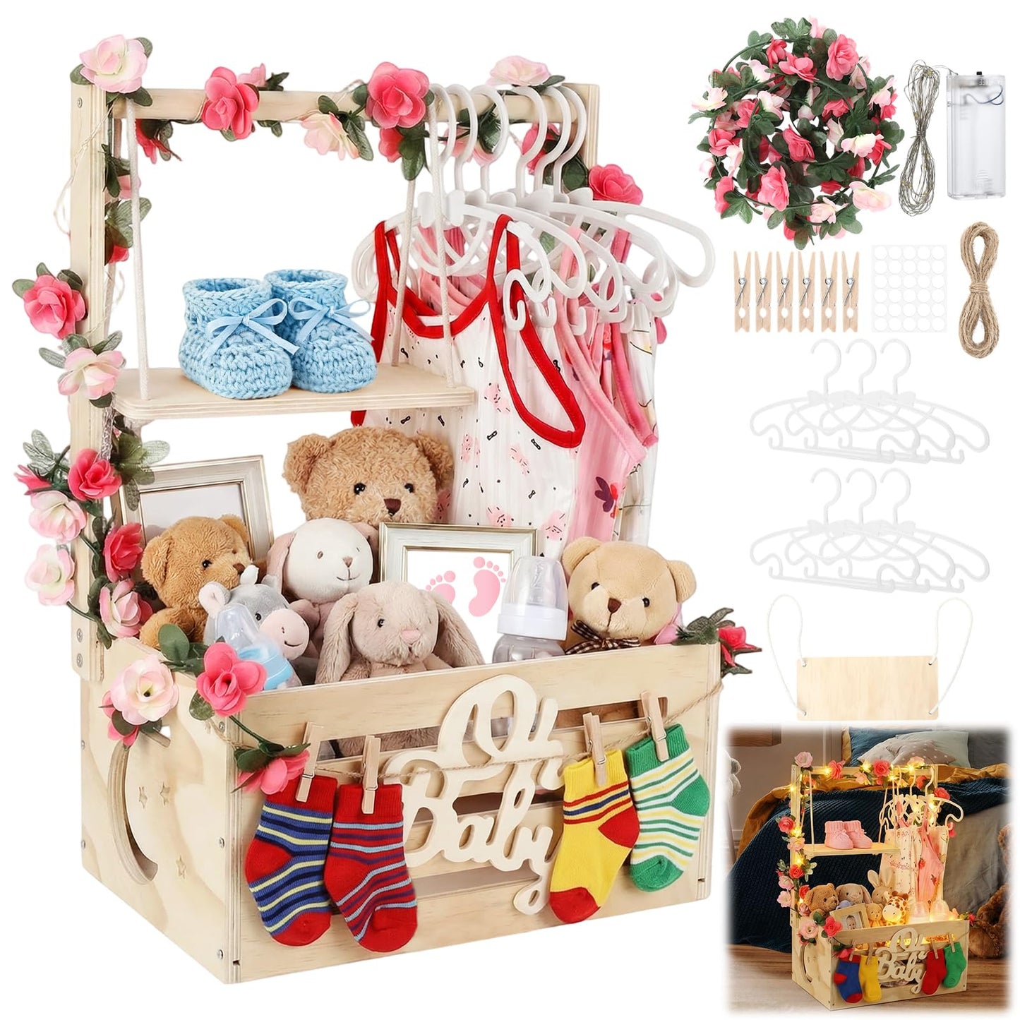 Wooden Baby Shower Crate Closet, Personalized Baby Gift Basket with Adjustable Handle, Include String Lights, Garland, 6 Hangers & 6 Clips - Unique Newborn Gift for Boys & Girls, Baptism,Birthday