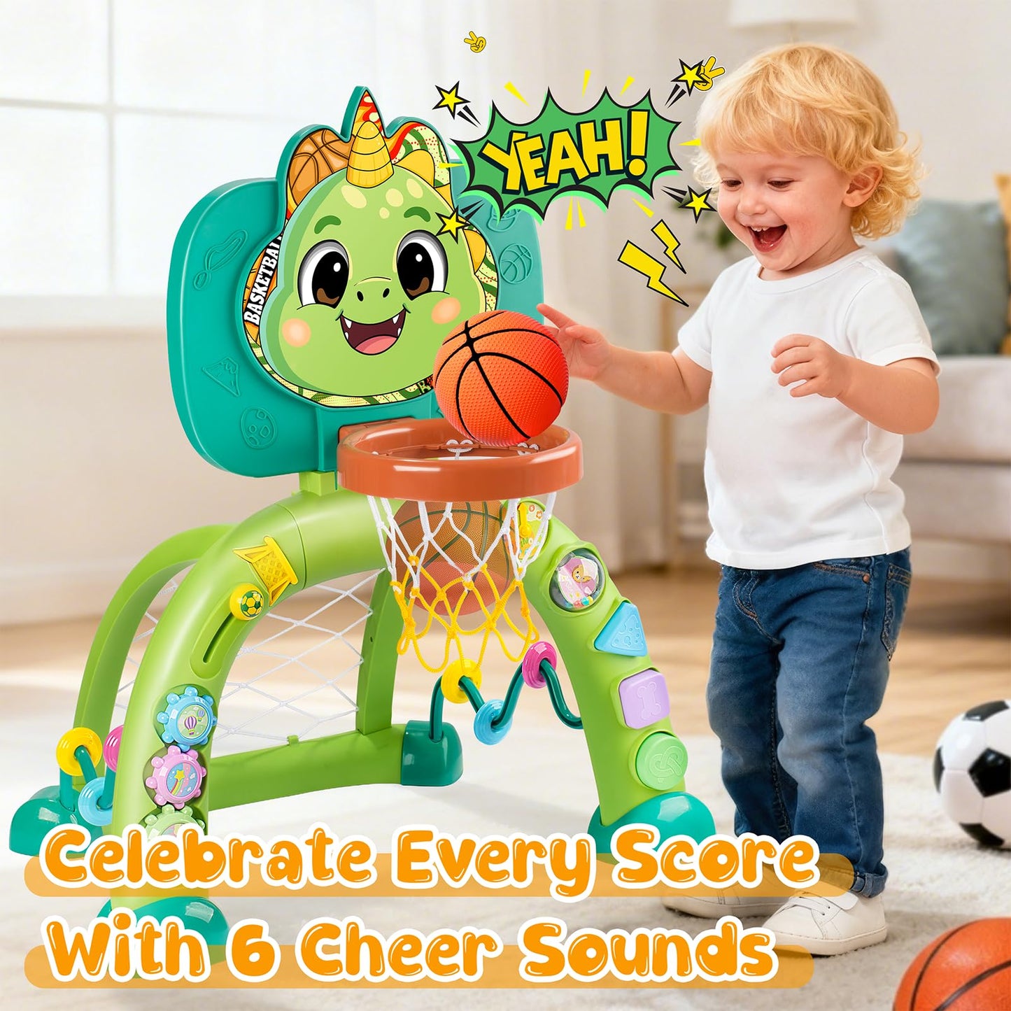 Toddler Basketball Hoop & Soccer Goal, Toys for 1 2 3 Year Old Boys Girls, Dinosaur Sports Play Toy Activity Center, Interactive Musical Sports Toys with Light, Christmas Birthday Gift for Ages 1-3