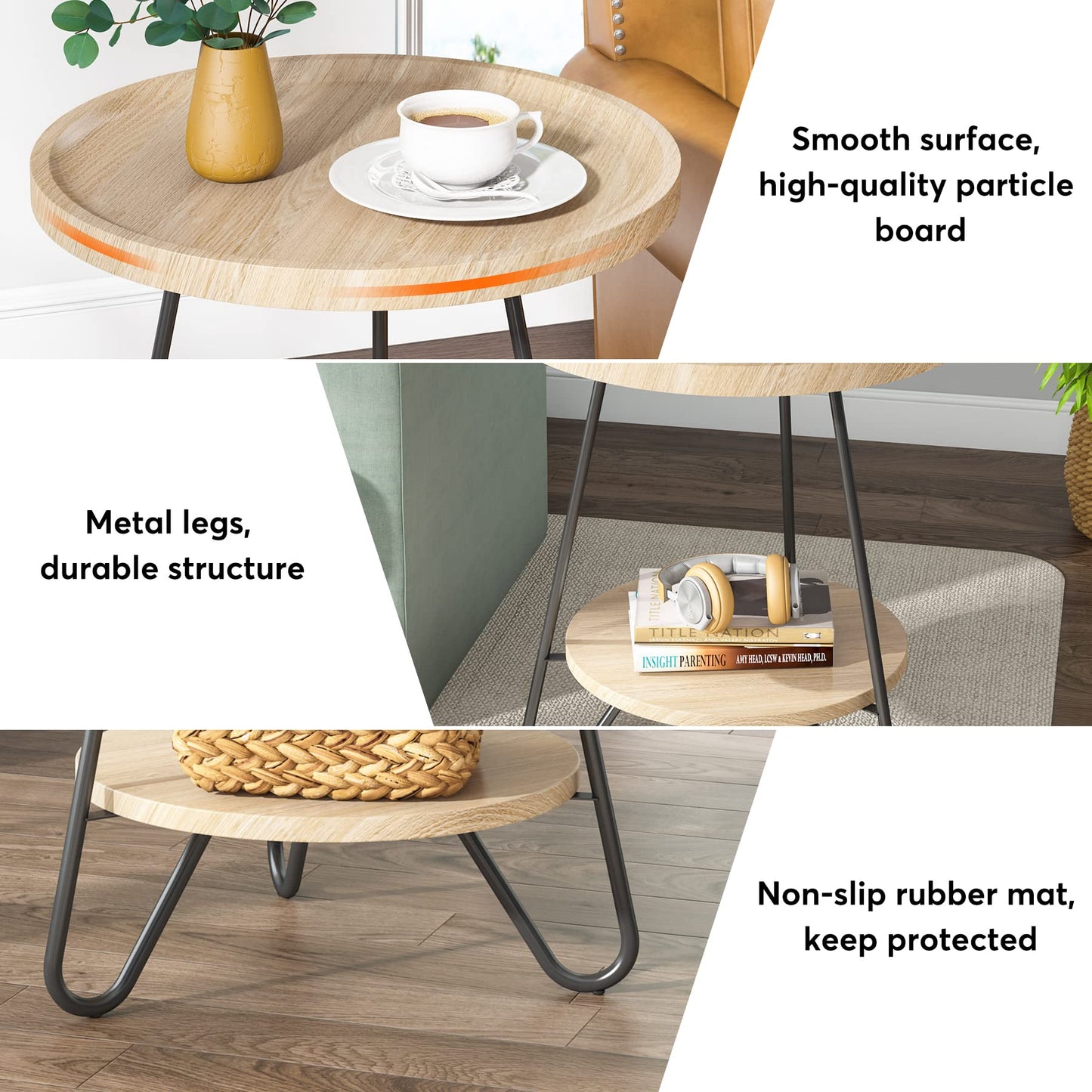 Tribesigns Round Side Table, 2-Tier End Table with Metal Legs, Modern Industrial Beside Table, Small Accent Table Snack Table for Living Room, Bedroom, Small Space, Easy Assembly, Wood Color