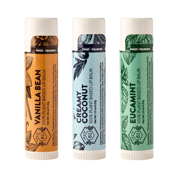 Crate 61 Lip Balm 3-Pack with USDA Organic ingredients Flavored with Premium Essential Oils and Organic Flavors, for Men and Women (3 Pack, Medley)
