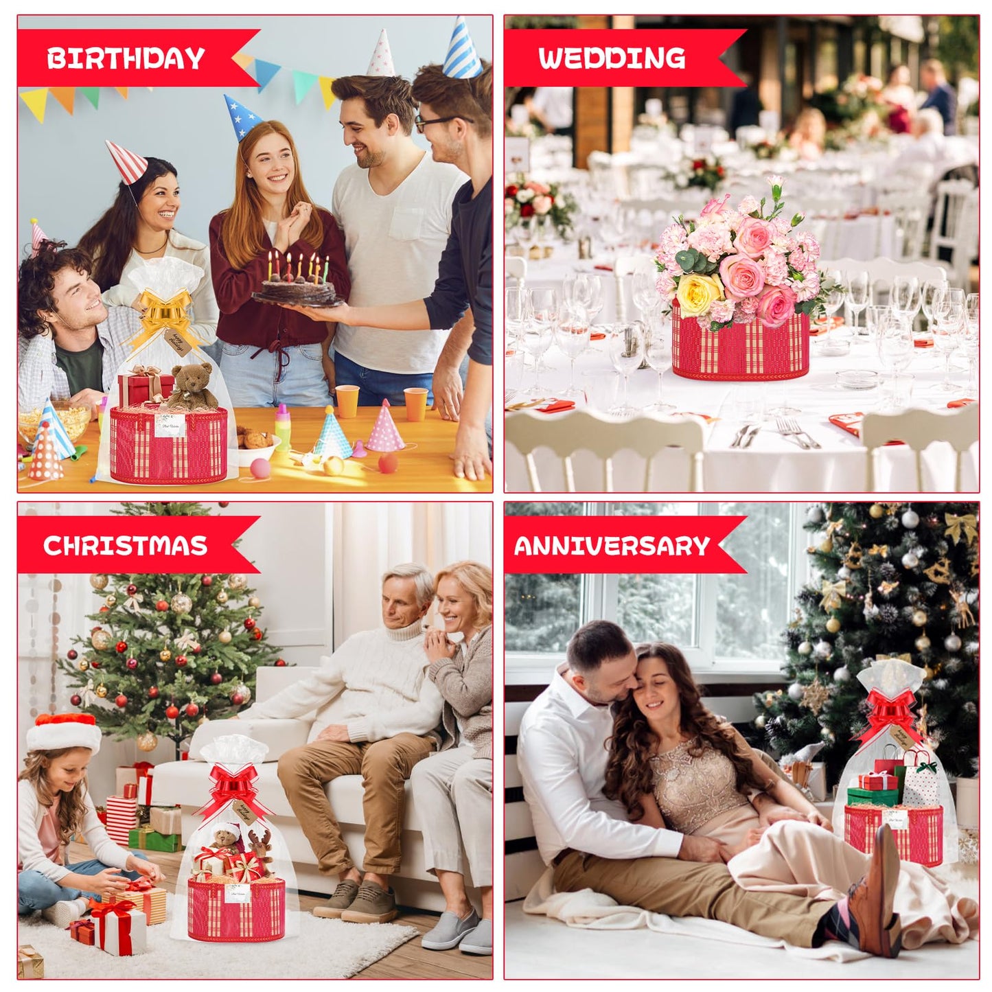 SelfTek 3 Pack Baskets for Gifts Empty, Woven Bamboo G-ift Basket Kit with Wrap Bags, Gift Card, Raffia and Pull Bows, Gifts Baskets for Birthday, Wedding, 30 x 20 x 15 cm-Red
