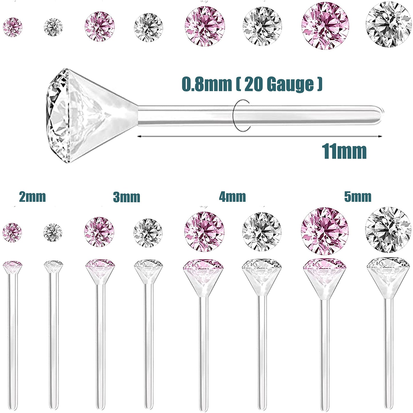 OwlkOrmy 8 Pairs Anti Allergy Plastic Earrings for Sensitive Ears & Include 8 Pairs Silicone Soft earring backs, Birthstone Cubic Zirconia Stud Earrings Kit 2mm 3mm 4mm 5mm in one Set (Pink)