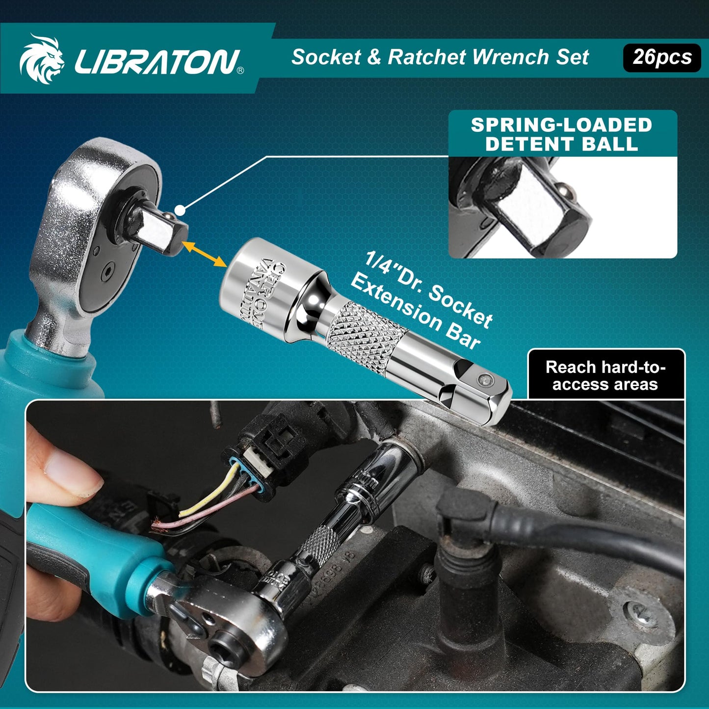 LIBRATON 26PCS 1/4" Drive Mini Socket & Ratchet Wrench Set with Bits, 4-14mm Metric Shallow Sockets, Mini Ratchet Set, Screwdriver Bit Set, Extension Bar, with Storage Case for DIY, Auto Repair