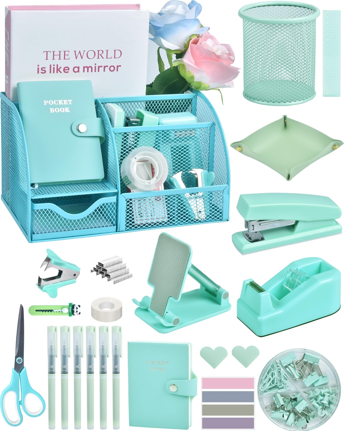 Green and Blue Desk Accessories, 26Pcs Office Supplies and Desk Organizers, with Tape Dispenser, Stapler, Staple Remover, Ect, Gift Box Packaging