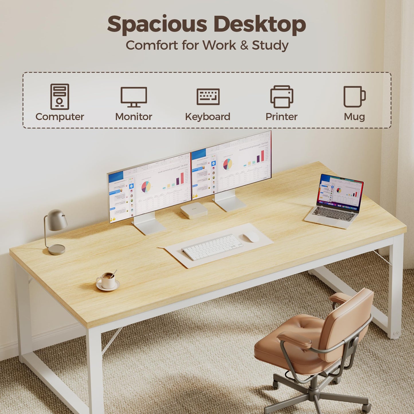 Mericonia 48 Inch Computer Desk, 1" Thick Heavy Duty Industrial Office Desk, Modern Simple Study Writing Table for Home Office Bedroom Workstation, Oak