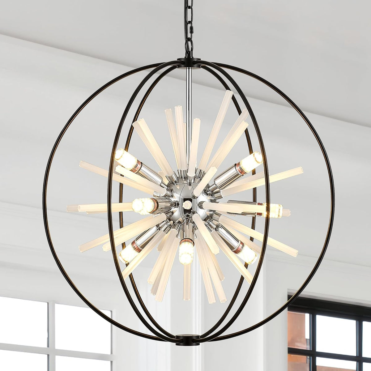 23.6" Black Chrome 12-Light Globe Sputnik Chandelier Modern Adjustable Hanging Ceiling Glass Tube Pendant Light Fixture for Entryway Foyer Staircase Dining Living Room Hallway