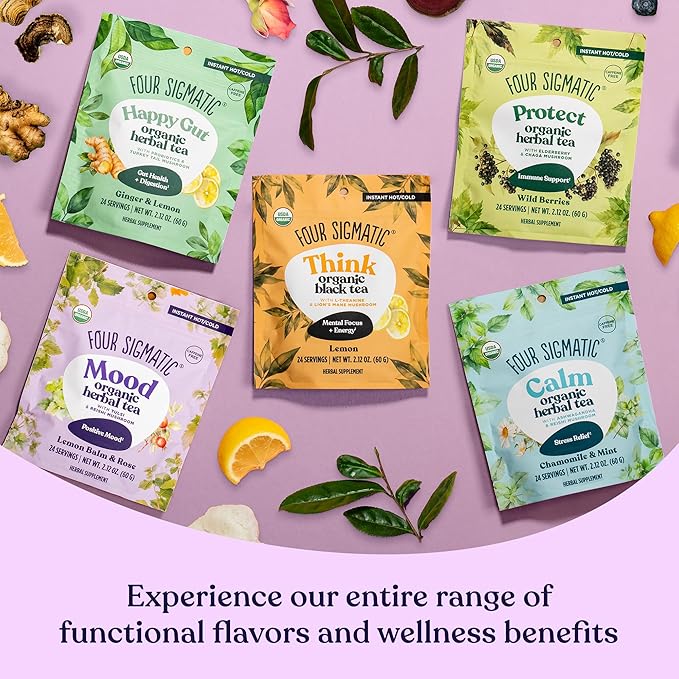 Four Sigmatic Mood Organic Herbal Tea | Enhance Emotional Well-Being with Tulsi & Reishi Tea | Calming Lemon Balm Tea w/Adaptogens | Vegan, Gluten-Free | Lemon Balm & Rose, 24 Servings
