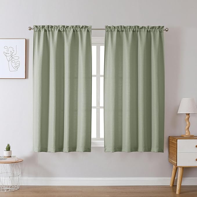 Chyhomenyc Bennet Light Green Curtains 54 Inch Length 2 Panels, Faux Linen Textured Semi Sheer Light Filtering Soft Airy Rod Pocket Window Treatment Drapes for Living Room Bedroom, Each 30" Wx54 L