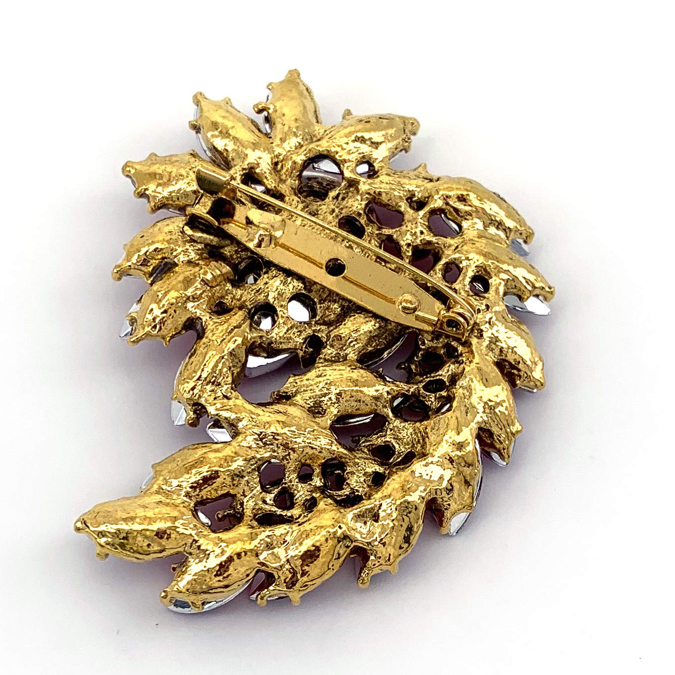 SELOVO Marquise Shape Rhinestone Large Red Leaf Brooch Pin Jewelry Antiqued Gold Tone
