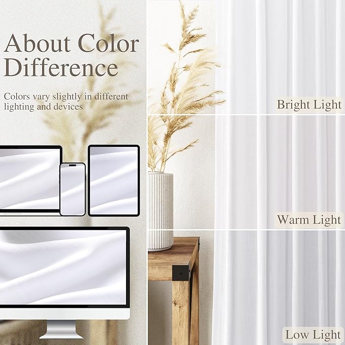 Snow White Linen Curtains 90 Inches Long for Living Room Light Filtering Semi Sheer Curtain Back Tab Luxury Neutral Coastal Modern Farmhouse Decor Drapes for Bedroom Dinner Room 52x90, 2 Panels