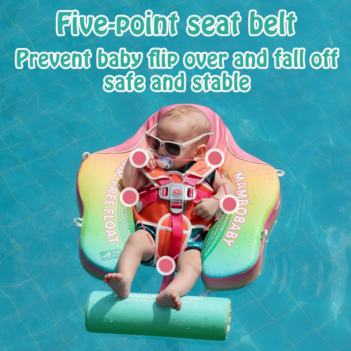 AnjeeIOT Mambobaby Float with Canopy Baby Float Non-Inflatable Baby Pool Float Solid Swimming Float Upgraded Add Tail Never Flip Over for Infant 3-24 Months, Rainbow Pink