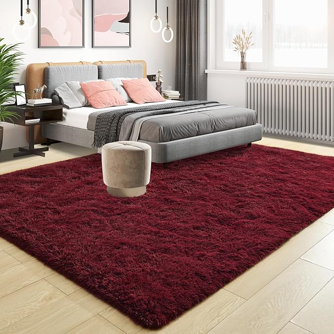 Tepook Fluffy Large Rugs for Living Room, Area Rug 6x9 Soft Carpet for Bedroom, Modern Shaggy Rug for Kids Boys Girls, Plush Indoor Nursery Home Decor Rug with Non-Slip Bottom, Burgundy Red