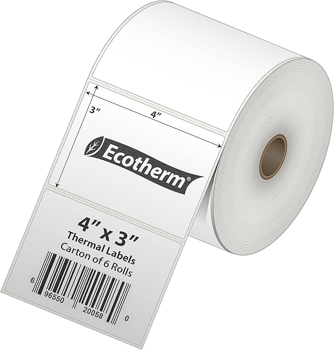 4" x 3" Thermal Labels | 6 Rolls | 5580 Labels | fits Zebra, Munbyn, Rollo, Godex, Arkscan, iDPRT, Offnova Thermal Label Printers and More | Blank White Adhesive Stickers by Ecotherm