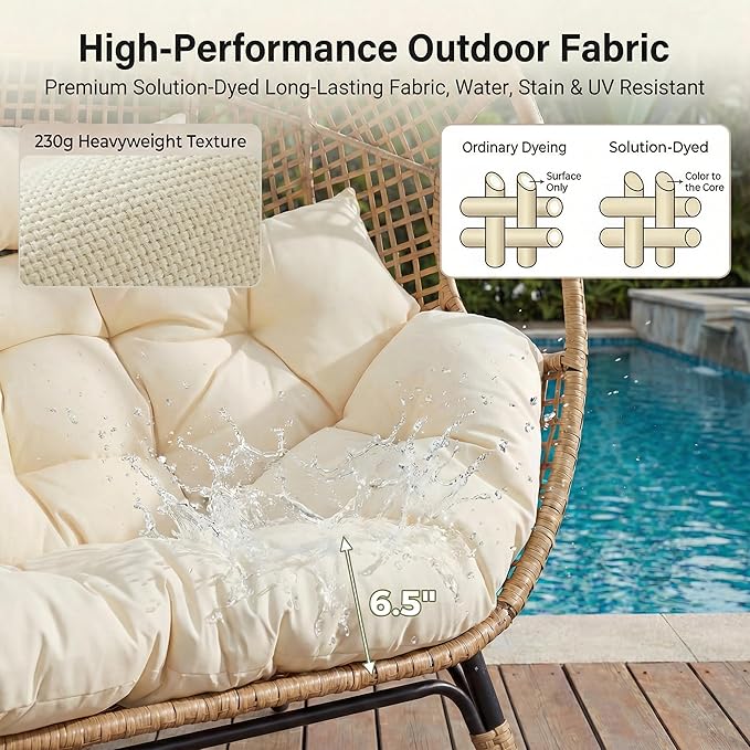 NICESOUL® Double Egg Chair Indoor Outdoor Stationary Oversized Thicken Padded Cushions,2 Person Egg Loveseat Chair,680 lbs Extra Large Lounge Chair for Patio Balcony Porch Backyard Beige with Cover