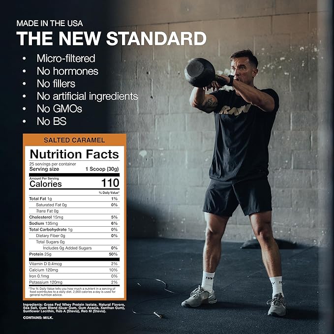 RAW Whey Isolate Protein Powder, Salted Caramel - 100% Grass-Fed Sports Nutrition Whey Protein Powder for Muscle Growth & Recovery - Low-Fat, Low Carb, Naturally Flavored & Sweetened - 25 Servings