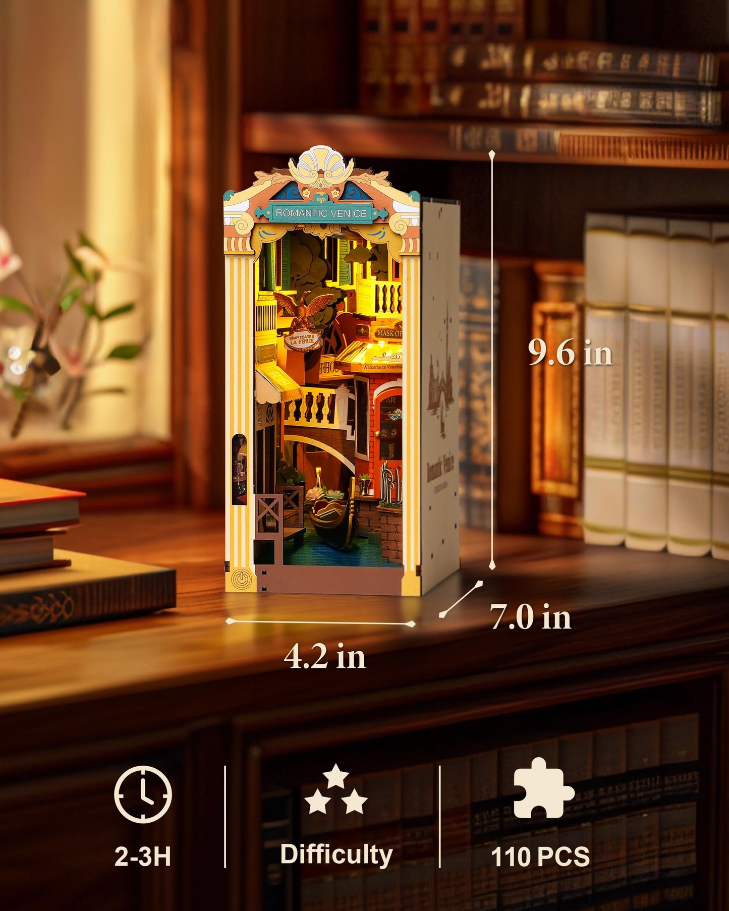 ROBOTIME Book Nook Kit with Dust Cover DIY Miniature House with LED 3D Wooden Puzzle Booknook Bookshelf Insert Decor Bookend Model Craft Hobby Gift for Teens and Adults (Romantic Venice)