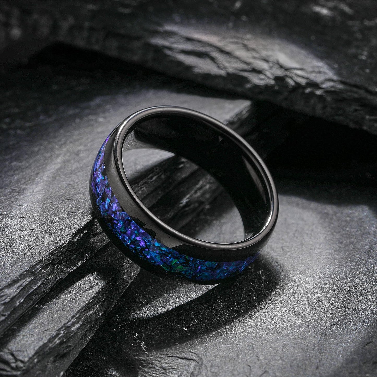 NUNCAD Mens Wedding Ring Tungsten Blue Opal Inlaid Men Black Ring Wedding Band Dome Polished Finish 8mm Comfort Fit Sizes 7