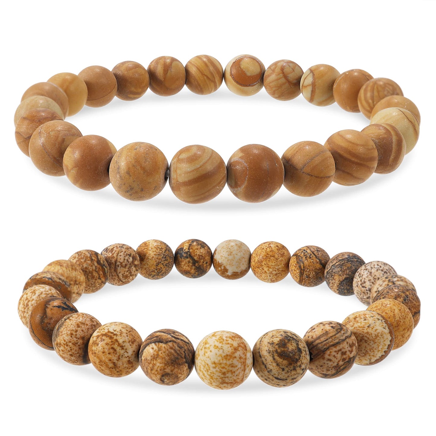 Bivei Natural Gemstone Semi Precious Crystals Handmade Stretchy Round Beads Bracelet, Enhance Positive Energy,Stocking Stuffers for Women(Wood Grain Jasper & Picture Jasper（Creativity） Medium)