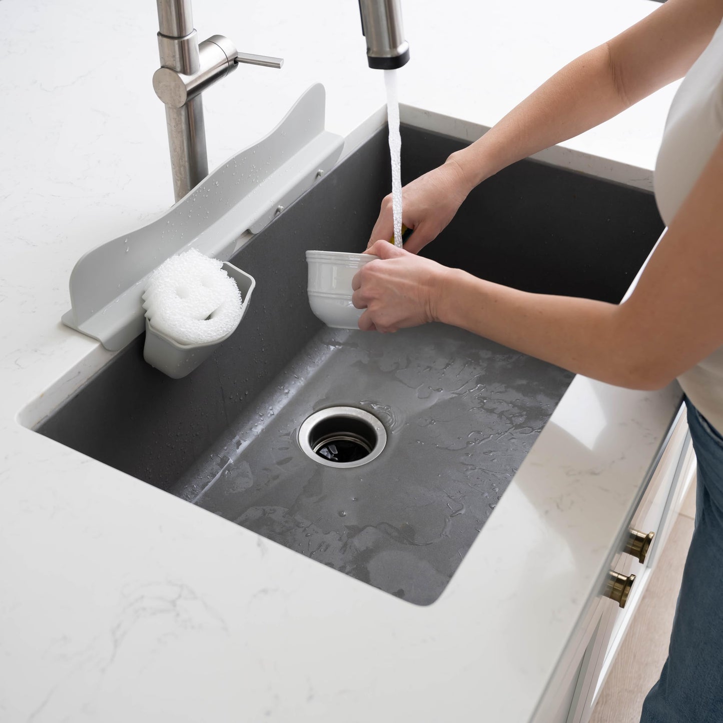 Silicone Sink Splash Guard with Sponge Holder -19.5" x 4.5" x 2.5",- Strong Suction - Sink Edge Protectors for Kitchen Sink - Kitchen Sink Splash Guard - Gray