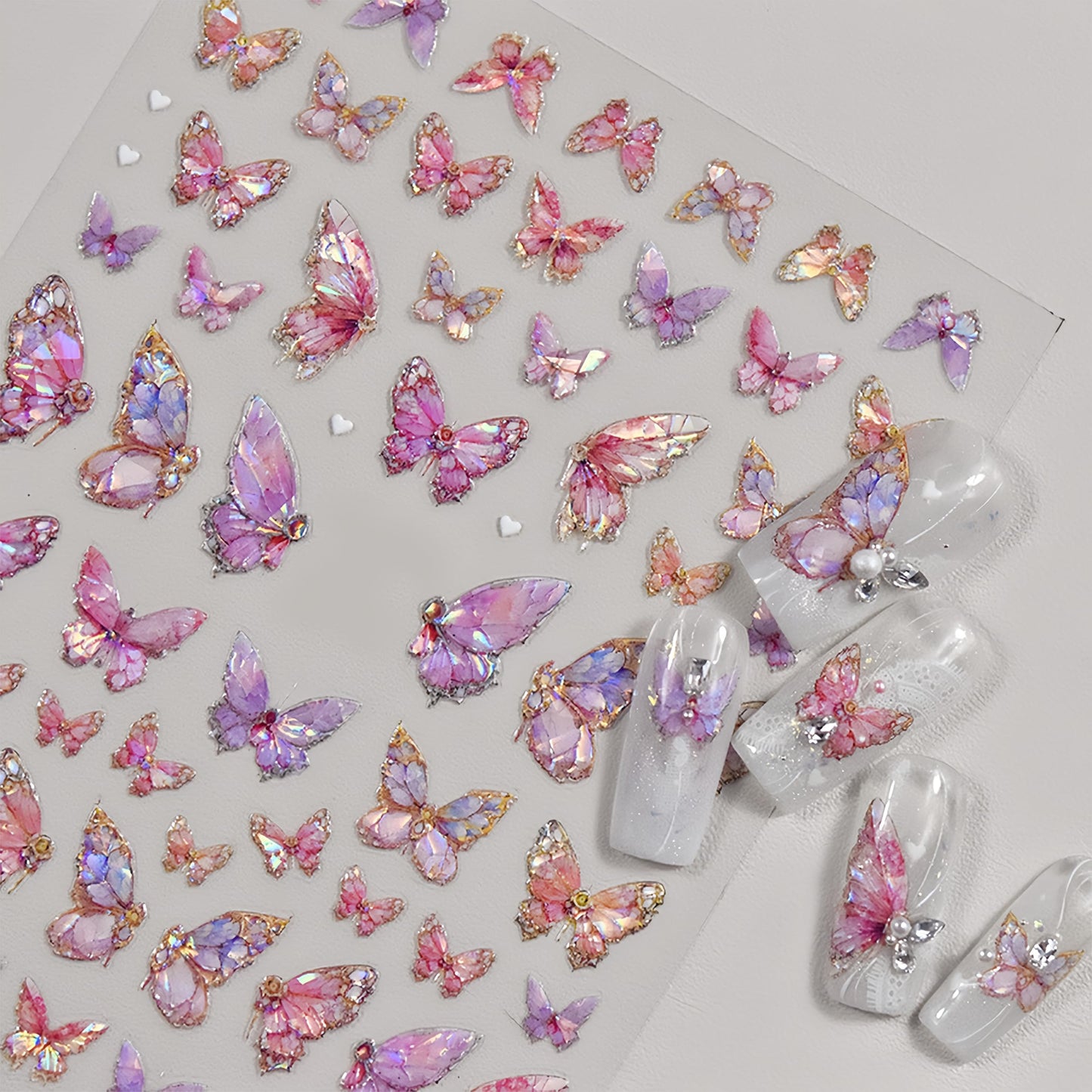 2 Sheets Butterfly Nail Art Stickers 5D Embossed Pink Butterfly Nail Decals Glitter Aurora Butterfly Nail Pattern Self-Adhesive Nail Art Stickers DIY Nail Decoration