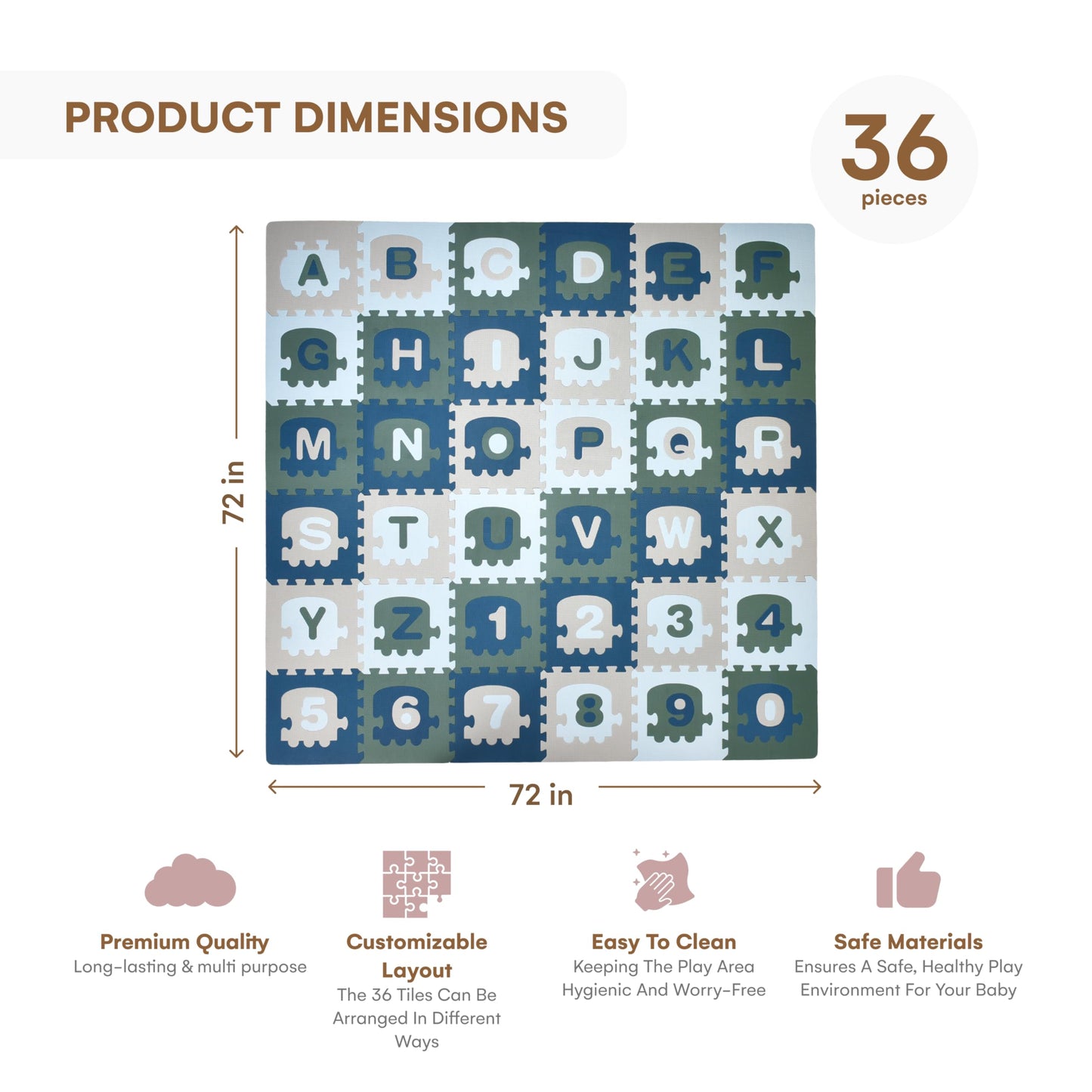 CHILDLIKE BEHAVIOR Baby Play Mat - 72x72-Inch Soft Foam Interlocking Tiles with ABC and Numbers - Educational Activity Mat for Crawling Infants and Toddlers - Waterproof Playmat, Blue, Gray, Turquoise
