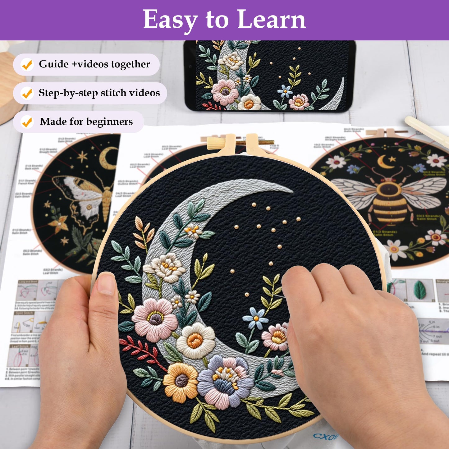 Uniartfy 3 Sets Butterfly Bee Moon Embroidery Kits for Beginners, DIY Cross Stitch Starter Craft Kit for Adults, Needlepoint Kits Including Cloth with Flower Plant Pattern, Hoop, Tools, Instructions