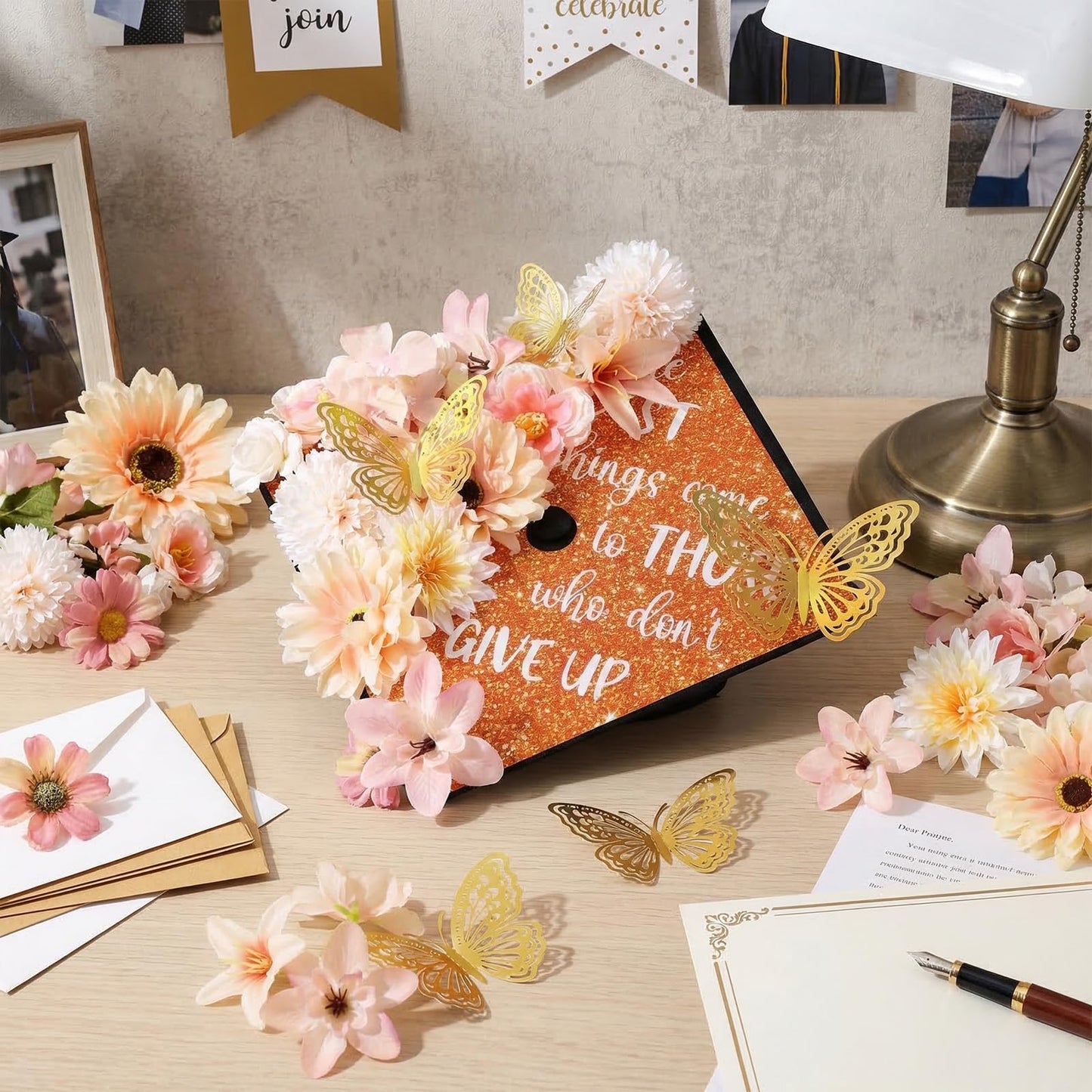 Dunzoom 34 Pcs DIY Graduation Cap Decorations Accessory Kit Artificial Flowers Inspirational Cardstock 3D Butterfly Stickers for DIY Hat Grad Cap Topper Graduation Party Supplies(Orange)