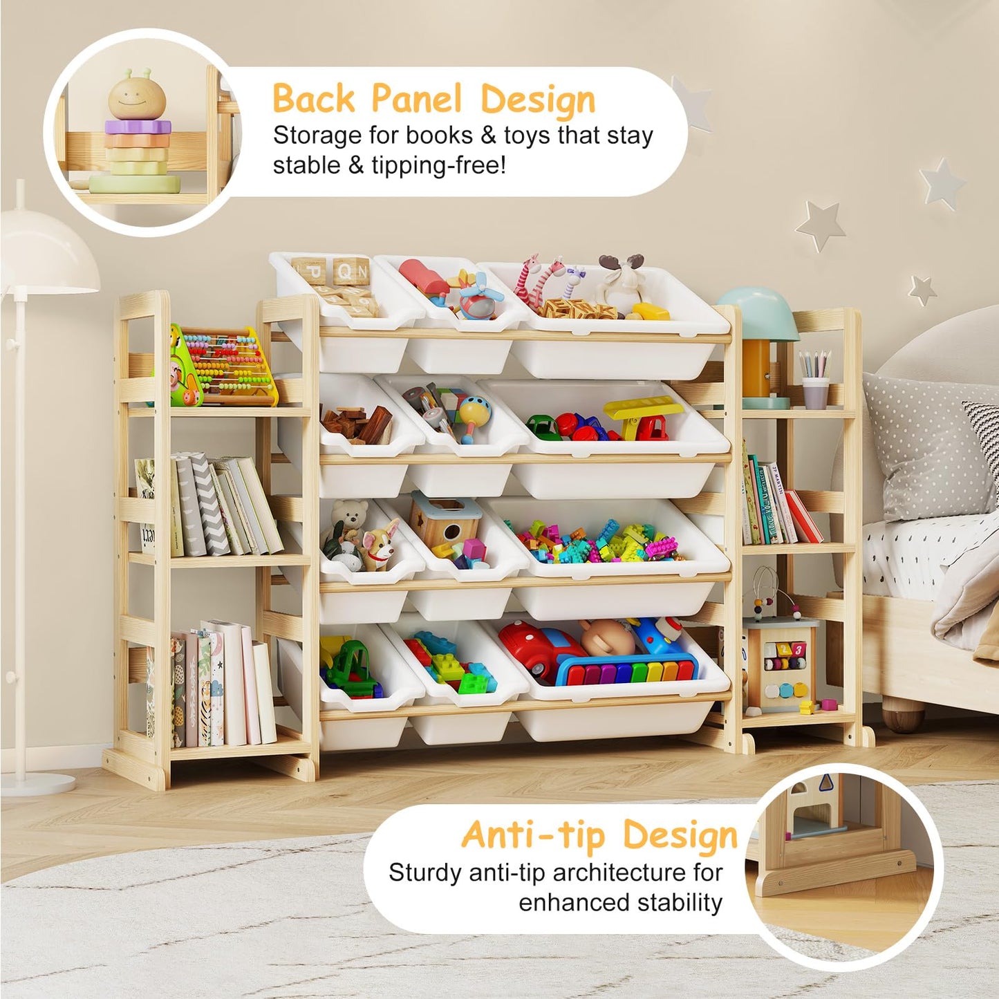 EXPERLAM Extra Large Toy Storage - Toy Storage Organizer, Wooden Toy Organizer with 6 Side Shelves and 12 Bins, 3-in-1 Bookshelf for Kids Rooms, Playroom, Nursery, White