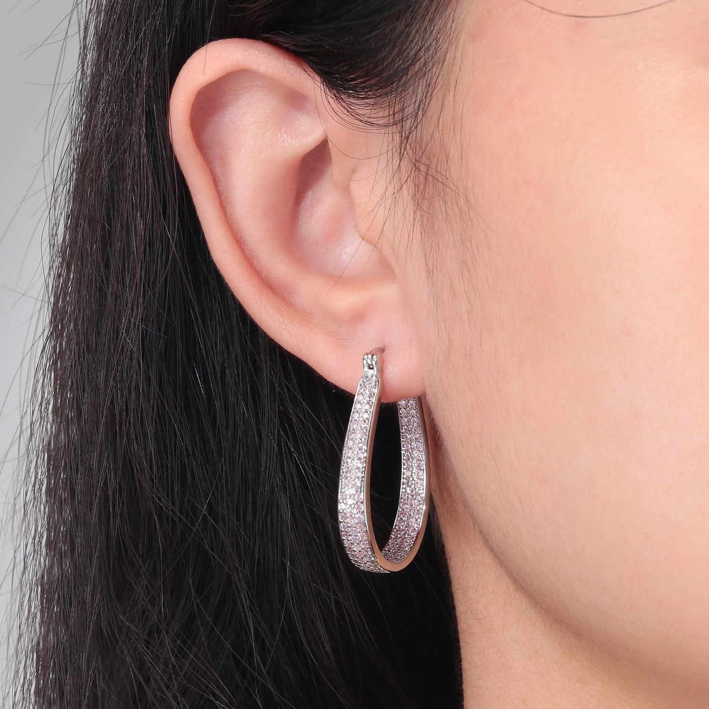 CiNily 925 Sterling Silver Post Oval Hoop Earrings for Women Light Pink Cubic Zirconia Hoop Earring Large Chunky Hoop Earrings 14K White Gold Plated Gemstone Earrings