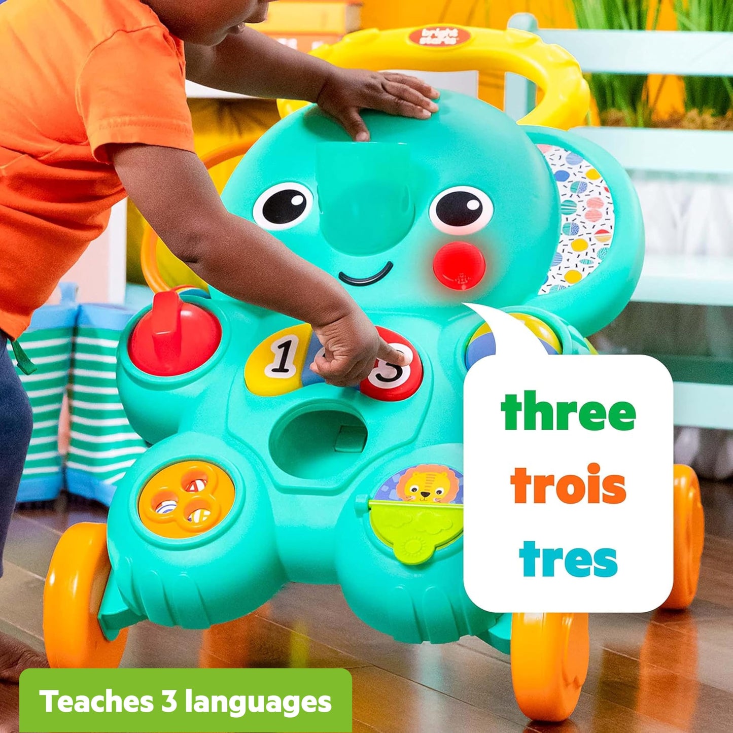 Bright Starts Stroll 'n Roll 2-in-1-Ball Push Walker – Includes 3 Toy Balls, Elephant with 70+ Songs & Sounds, 7 Activities - Ball Drop, Piano, Spinner, Flip Book & More