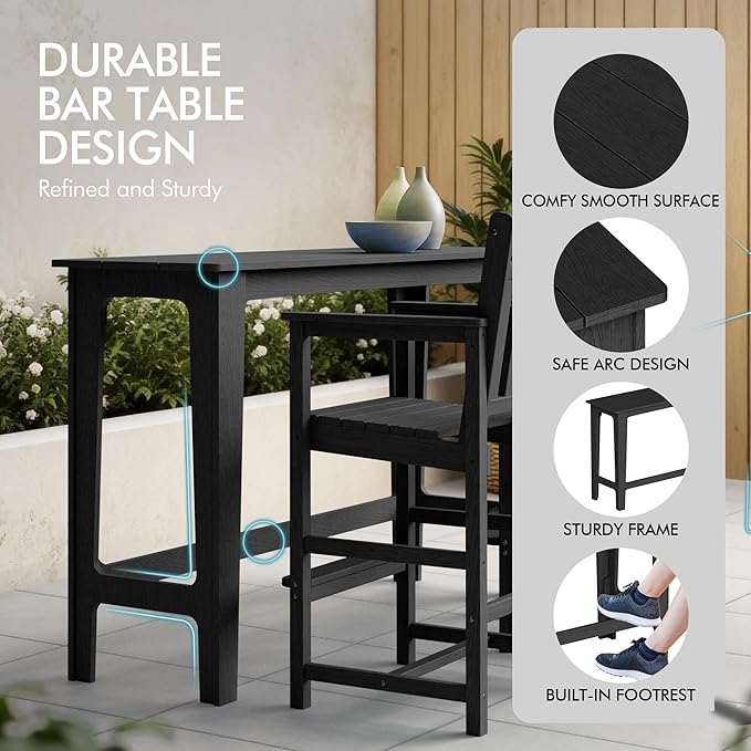 Ciokea Outdoor Bar Height Table Set of 5, 60" Extra Long Rectangle High Top Table and 4 Oversized Adirondack Chairs Set, Heavy-Duty All-Weather HDPE Patio Bar Set for Backyard Balcony Deck, Black