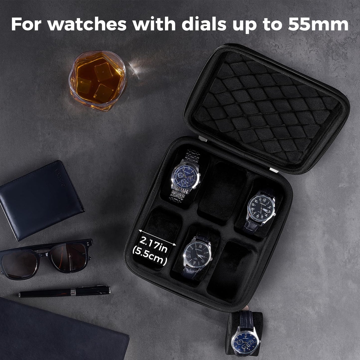 ProCase Travel Watch Case, 6 Slots Hard Shell Storage Box for Watch Bracelet Accessories, Zippered Organizer Bag Valentine's Gift for Women Men -Black