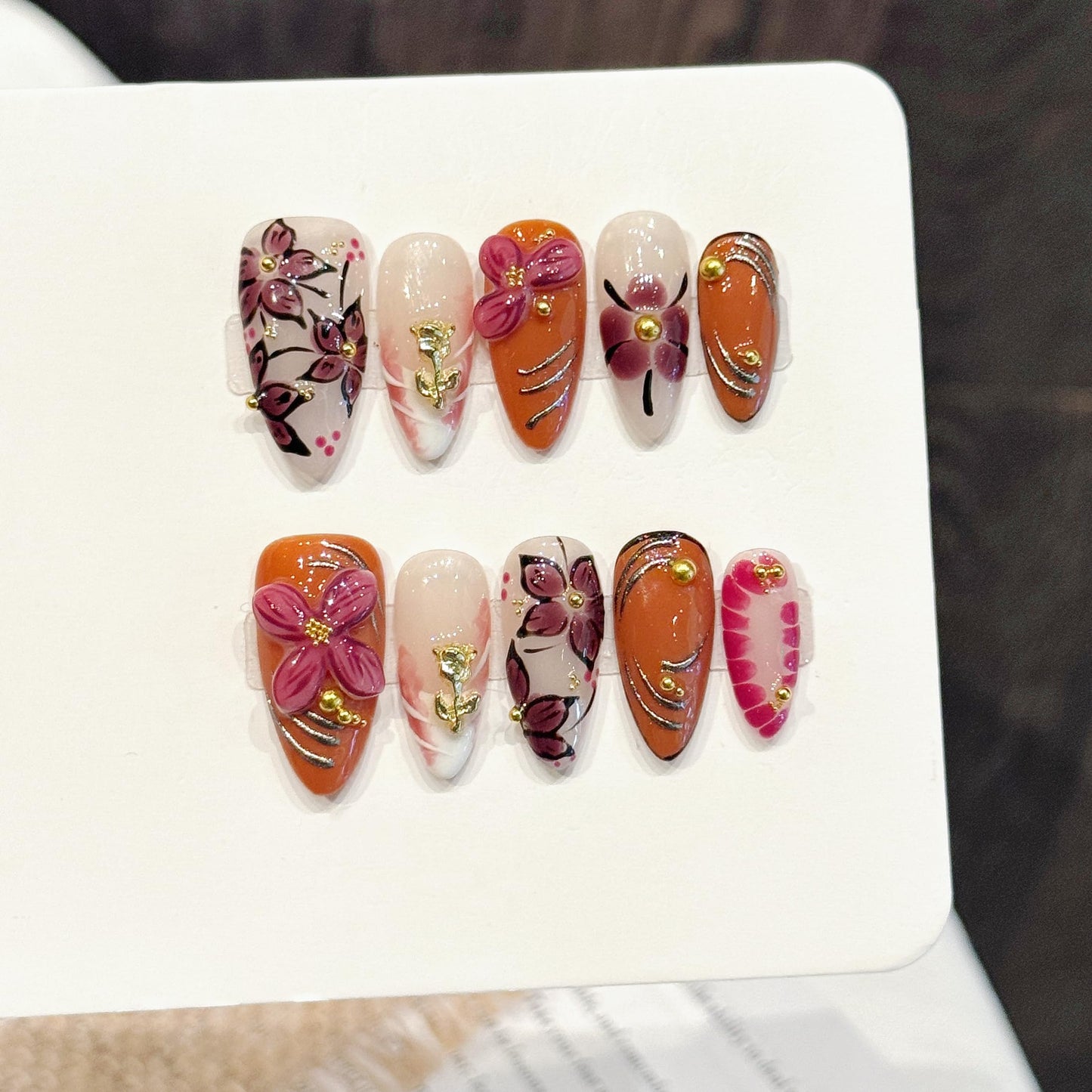 NLSJMP handmade nails press on Salon Quality flower orange gold white pink cute Reusable almond hand-painted gentle acrylic 3D fake nails designed kit,10 Nails, Size M #3330