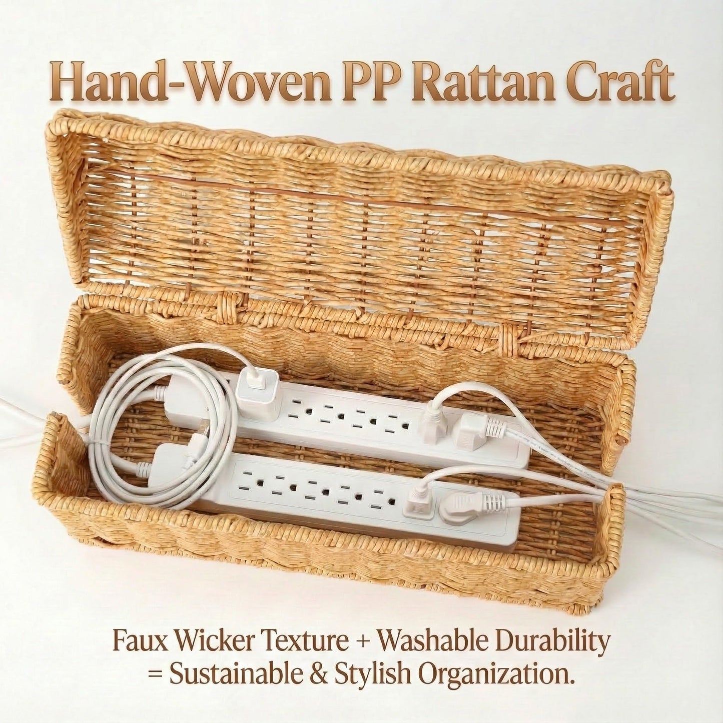 Handwoven Rattan Cable Management Box - Box to Hide Cords and Power Strip, Treasure-Box Dome-Top, Metal Baked Enamel Skeleton, Decorative Home Organizer